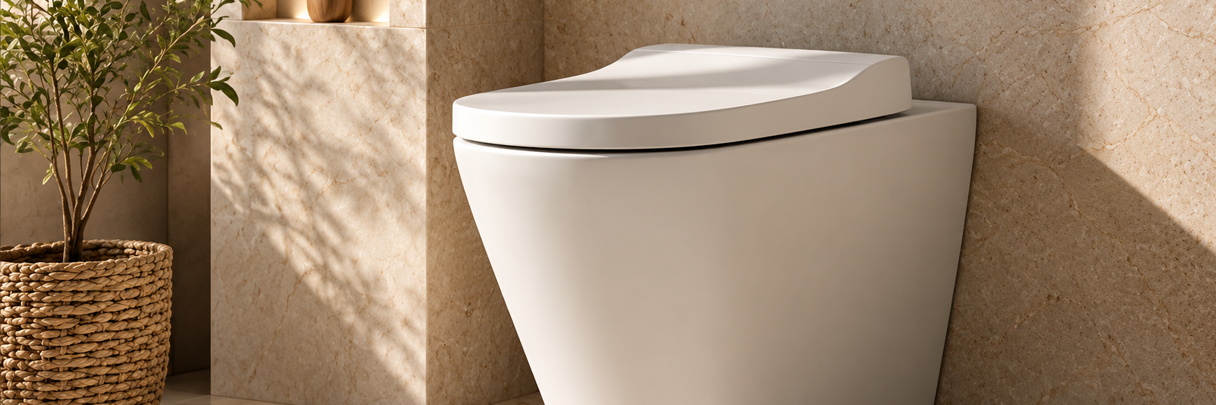 Baño minimalista con inodoro inteligente y plantas